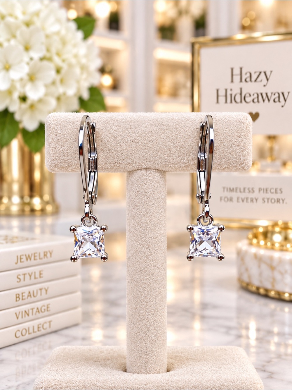 NEW Princess Cut 5mm Clear Zircon 925 Sterling Silver Pierced Drop Earrings